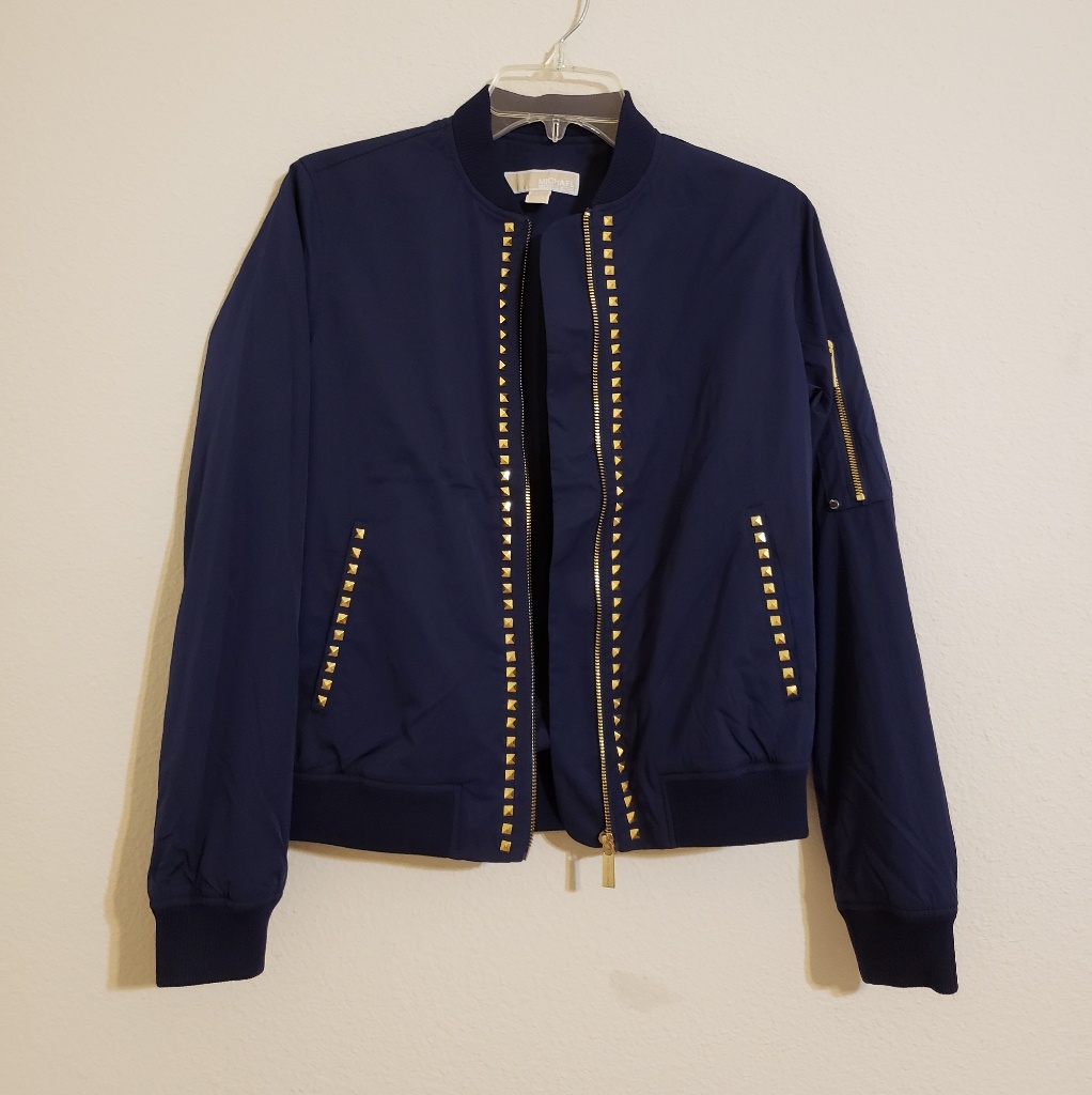 Michael Kors Navy Bomber Jacket With Gold Studs